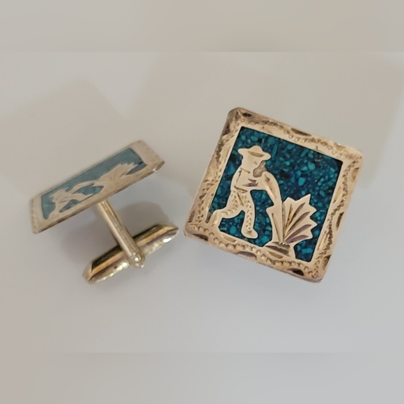 (SOLD) Vintage Alpaca 925 Silver Green Turquoise Inlay Cufflinks Mexico - Picture 3 of 7